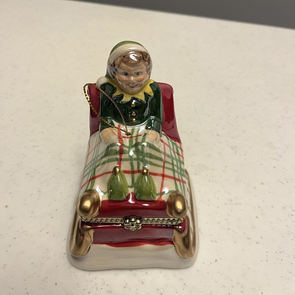 Mr. Christmas 2014 Ceramic‎ Elf Sleigh Music Box Ornament Plays Deck The Halls